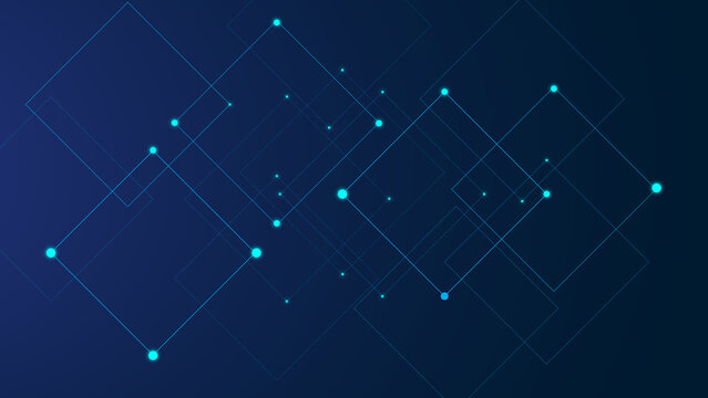 The pattern consists of thin lines forming overlapping transparent squares with glowing blue dots at their intersections, modern technology on a futuristic dark blue background. - Powered by Adobe