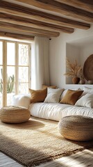 Fototapeta premium Interior design of a cozy bohemian living room with natural light and furniture image