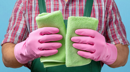 Professional cleaner holding soft microfiber cloths sparkling results