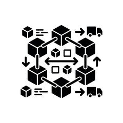 Obraz premium Black cubes connected by lines with trucks and arrows block connection