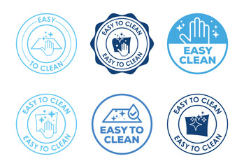 A collection of six circular badges with blue and light blue designs, indicating 'Easy to Clean' product features and quality.