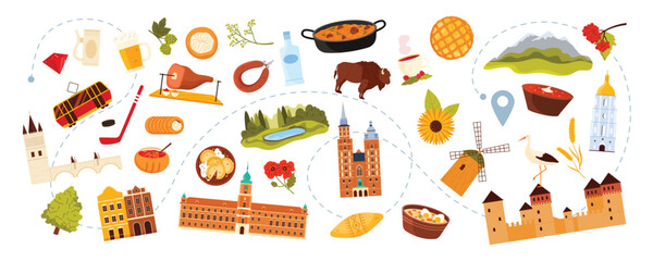 Travel to Central and Eastern Europe set, culture elements, food and nature landscape, landmarks on tourist route. Charles Bridge and windmill, church and Alps, beer cartoon vector illustration
