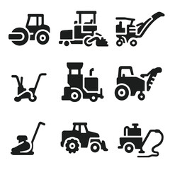 Roadwork Machines Icons. Solid style icons of roadwork machines: road roller, asphalt paver, cold planer, milling machine, line