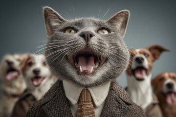 Cat in suit conducts barking dogs. Global supply chains adapt amid worldwide disruptions.