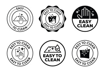 A set of six circular badges and icons indicating a product is easy to clean, featuring various cleaning-related imagery and text.