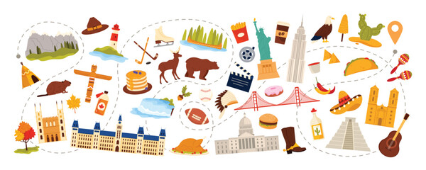 Fototapeta premium Travel to North America, culture elements set, food and landmarks, nature objects for tourist tour across continent. Canadian Parliament and Capitol Building, mountains cartoon vector illustration
