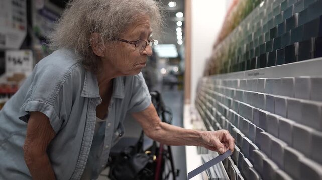 An elderly woman browses through a variety of paint color samples at a hardware store, focused on selecting the perfect shade for her next home improvement project.