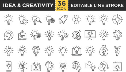 Idea and Lightbulb Line Icon Set. Outline Editable Stroke Icons for Creativity, Innovation, Business Ideas, Lamps, Electricity