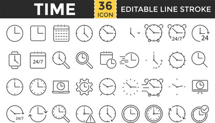 Time Line Icon Set – Outline Editable Stroke Icons Collection for Clock, Timer, Calendar, Stopwatch, Alarm, Time Management