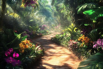 Obraz premium Lush tropical garden path illuminated by sunlight.