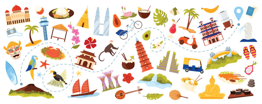 Travel to Southeast Asia, Asian culture elements set, food and architecture, nature landmarks on route of tourist adventure. Buddha statue and rafflesia, tuk tuk and temple cartoon vector illustration