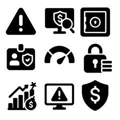 Financial Security Icons. Solid style icons of financial risk and security: caution icon, fraud alert, locked safe, ID