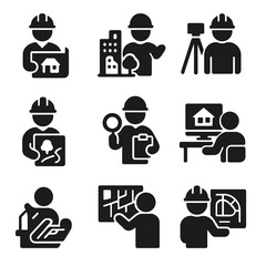 Urban Design Icons. Solid style icons of architecture and urban planning: architect with blueprint, urban planner icon, civil