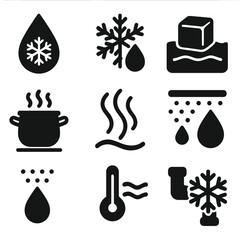 Temperature Icons Collection. Solid style icons of temperature and water states: cold drop icon, snowflake with drop, ice cube in