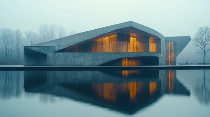 Fototapeta premium Modern concrete building with glowing windows reflected in water