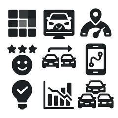 Vehicle Sharing Icons. Solid style icons of vehicle sharing analytics: usage heatmap icon, shared vehicle dashboard, vehicle