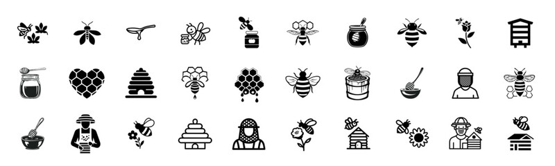 Naklejka premium Set of black and white icons depicting beekeeping elements and honey production
