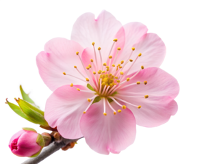 A single pink cherry blossom flower with a bud on a branch, isolated on transparent background