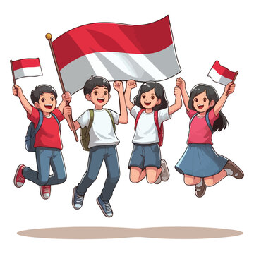 Cartoon vector of children jumping happily celebrating Indonesian independence