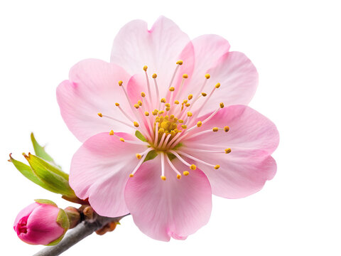 A single pink cherry blossom flower with a bud on a branch, isolated on transparent background