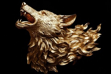 Detailed golden sculpture of a howling wolf head.
