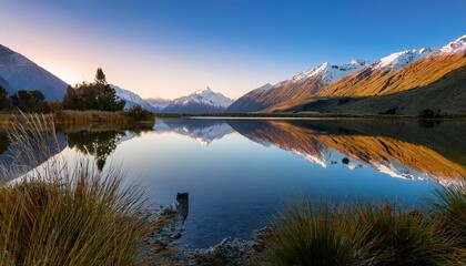 Obraz premium serene mountain reflections over calm lake at sunrise in new zealand