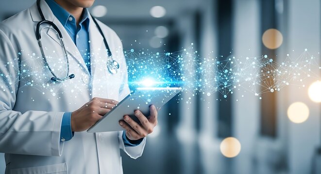 Doctor using tablet with digital network overlay