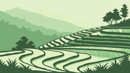Green rice terraces cascading down a mountainside in a rural landscape