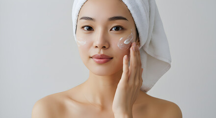 Young asian woman applying face cream after shower, isolated on white background