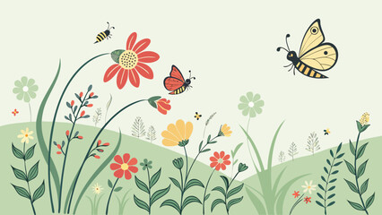 Butterflies and bees flutter among colorful flowers in a sunny meadow