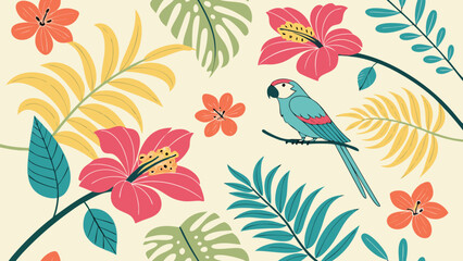 A colorful parrot perches on a branch amidst tropical flowers and leaves