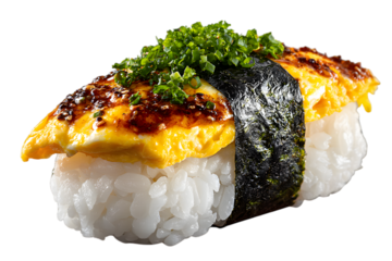 tamago nigiri sushi with sweet egg omelette on sushi rice, tied with nori strip. isolated on transparent background with clipping path. Japanese healthy asian cuisine concept.