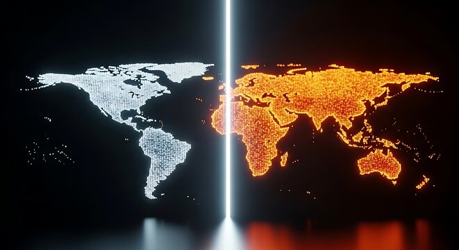 A digital world map glows with blue and orange lights