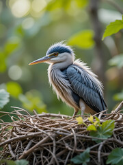Fototapeta premium Baby blue heron roosting on the nest in habitat.
