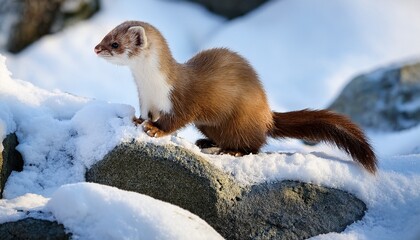 curious winter weasel exploring snowy rocks