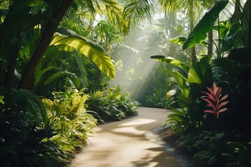 Sunlit path through a lush tropical garden.