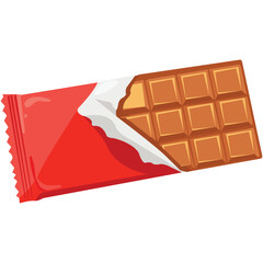 Chocolate bar sweet snack, opened red wrapper showing square milk chocolate pieces in flat vector illustration ideal for candy packaging and dessert design icon

