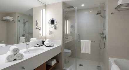 Contemporary bathroom design in a luxury hotel suite featuring a glass shower, clean white towels, and a spacious vanity.