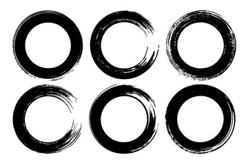 A collection of six hand painted black grunge brush stroke circles, round artistic frames. Transparent Background Png image Isolated on white background.