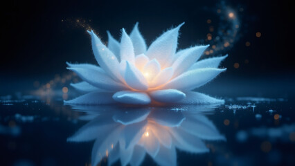 Glowing White Lotus Flower Floating on Blue Water Reflection