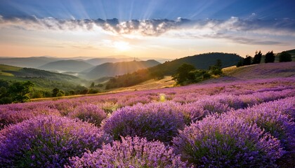Fototapeta premium lavender field at sunrise with sun rays over rolling hills