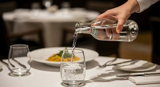 Elegant hospitality service in a luxury restaurant, with a hand pouring fresh water from a bottle into a glass. - Powered by Adobe
