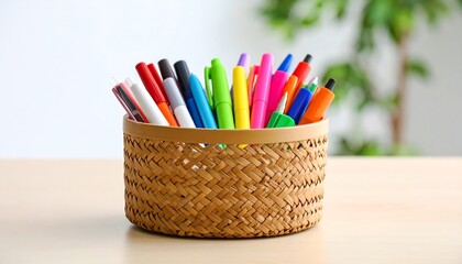 Colorful pens in woven basket