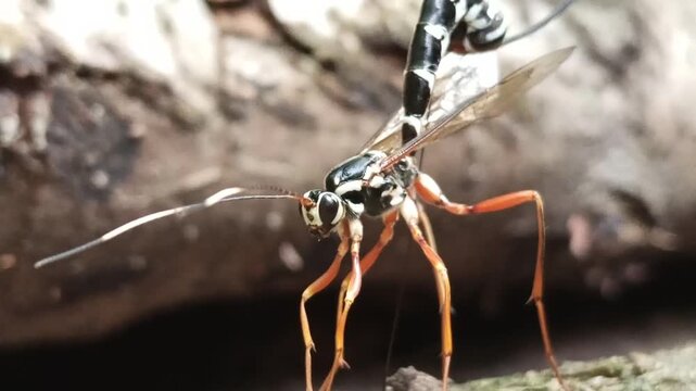 Macro video of Rhyssa persuasoria, a parasitic ichneumon wasp, on a tree trunk. The insect uses its long ovipositor to drill into wood in search of host larvae. Captured in natural forest environment.