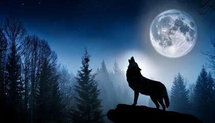 a wolf howls at a full moon surrounded by a misty forest creating a serene and mystical nighttime atmosphere