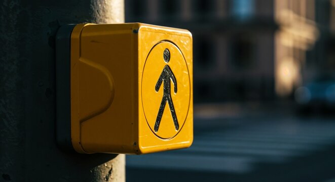 Pedestrian crossing signal button in urban setting  