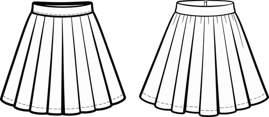 Cad drawing flat vector illustration of pleated skirts, technical fashion sketch, minimal line art, apparel design template, front view