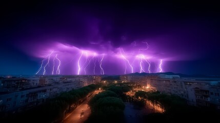 Cityscape with a purple sky and many lightning bolts. Scene is intense and dramatic