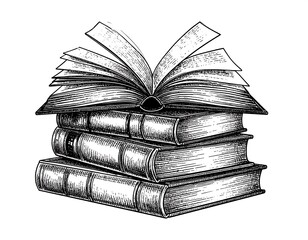 Stacked books, open pages