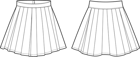 Cad drawing flat vector illustration of pleated skirts, technical garment sketch, fashion line art, sewing detail, minimal front view
